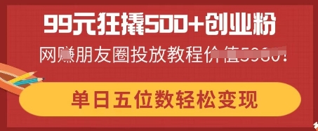 99元狂撬500+创业粉，单日五位数轻松变现，网创朋友圈投放教程-小目标轻创